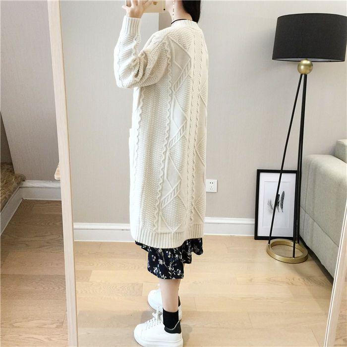 Свободный кардиган средней длины с V-образным вырезом для женщин, вязаное пальто-свитер с ромбовидным узором и косами, однотонный повседневный кардиган с длинными рукавами