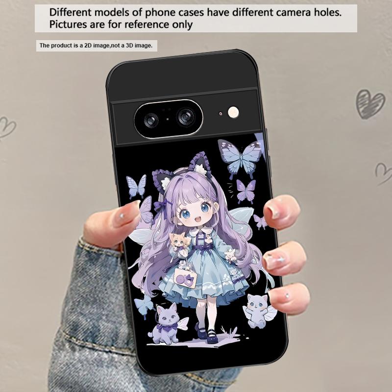 Q-версия Синяя Бабочка Для Google Pixel 8 7 9 10 Pixel 10 Pro XL Pixel 9 Pro XL Pixel 8a 7a Pixel 7 Pro Черный Стеклянный Чехол для Телефона
