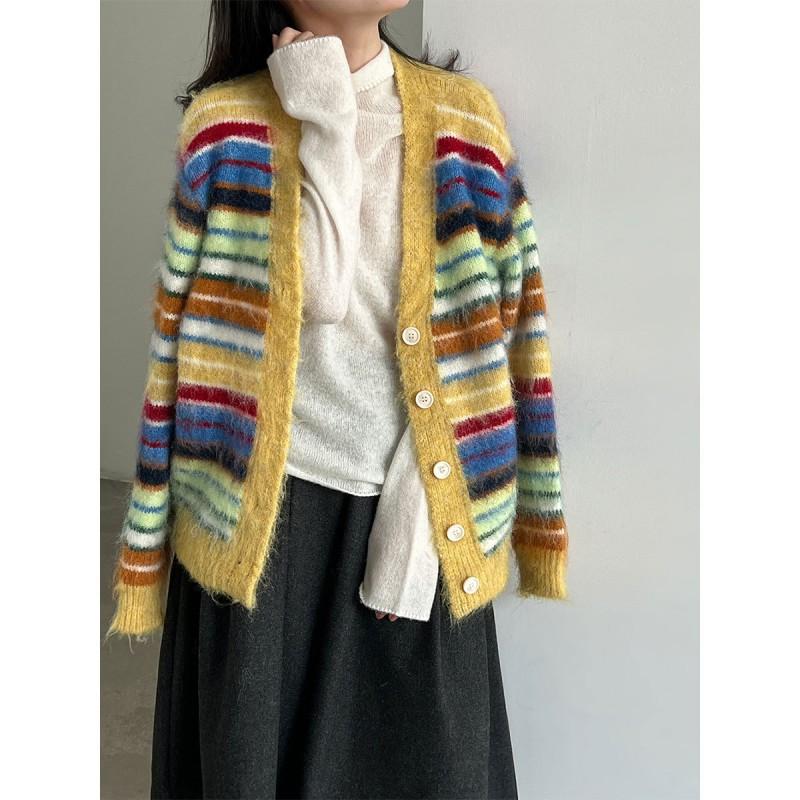 LUXI Korean Ins Vintage Rainbow Striped Cardigan Wool Blend Knit Sweater SS1152