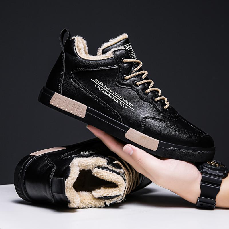 Теплые зимние трендовые мужские высокие хлопковые кроссовки для студентов, повседневная обувь для прогулок и бега, скейтборд, кожаные ботинки