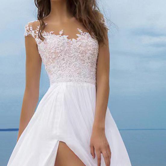 A-Line Boho Wedding Dresses for Bride Long Chiffon Slit Bridesmaid Dress Lace V-Neck Evening Gown for Prom Masquerade Beach