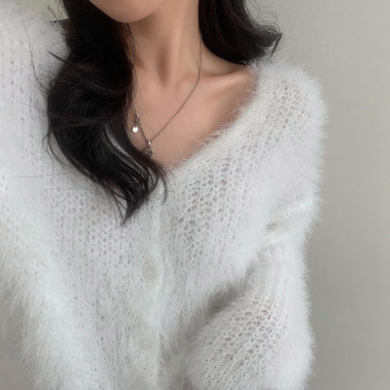Korean Chic Retro V-Neck Faux Mink Fur Sweater Cardigan - Long-Sleeved, Loose-Fit Women's Knitwear