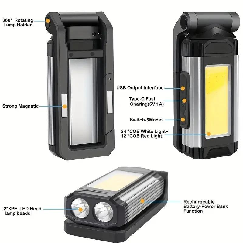 Суперяркий рабочий свет COB LED Лампа для мастерской Рабочая лампа USB Перезаряжаемый фонарик Портативный фонарь с кронштейнами