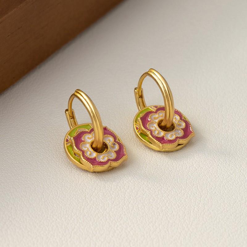 Vintage Enamel Earrings Women Geometric Circle Studs Detachable Ethnic Style Lightweight Luxury Jewelry