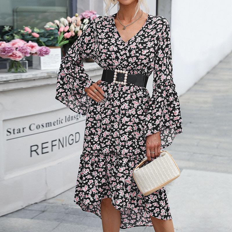 Темперамент и элегантность Верхняя одежда Модные женские платья с длинным рукавом и цветочным принтом Платья на осень и зиму