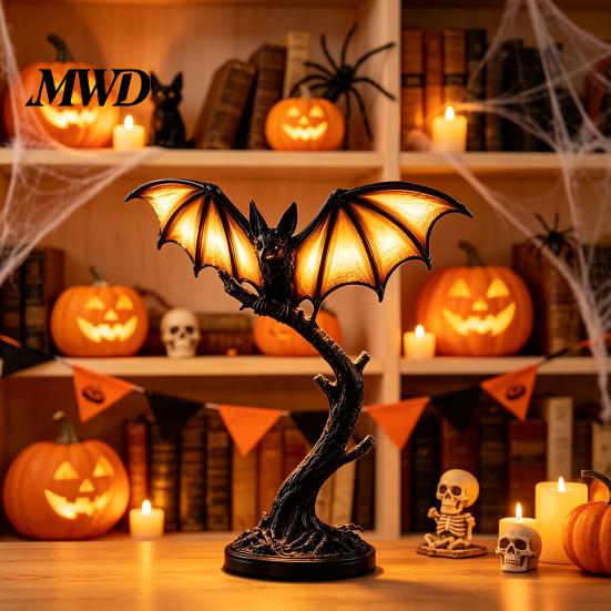 Mysterious Atmosphere Decor Gothic Bat Tree Branch Night Light, Resin Halloween Tabletop Lamp Dark Ambient Lights with Warm Glow, Spooky Desk Ornament