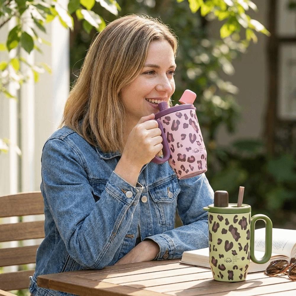 Portable Thermos Water Bottle 750 ML Drinking Straw Cup Leopard Pattern Insulated Cup Women