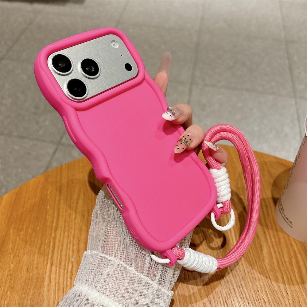 Волновой Мягкий Силиконовый Чехол-Ремешок для Телефона для iPhone 16 17 18 Pro Max 17Pro 15 14 13 Однотонная Матовая Задняя Крышка с Ремешком на Запястье
