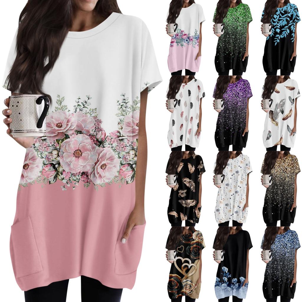 Women'S T Shirt Round Neck Short Sleeves With Pocket Print Regular Fit Tops