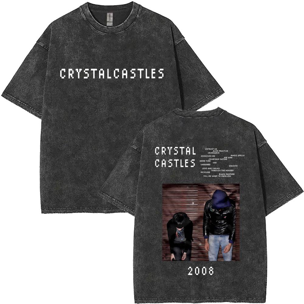 Стирка Винтажная Графическая Футболка Crystal Castles Мужская Женская Ретро Готик Рок Оверсайз Футболки Мужские Высококачественные Хлопковые Футболки