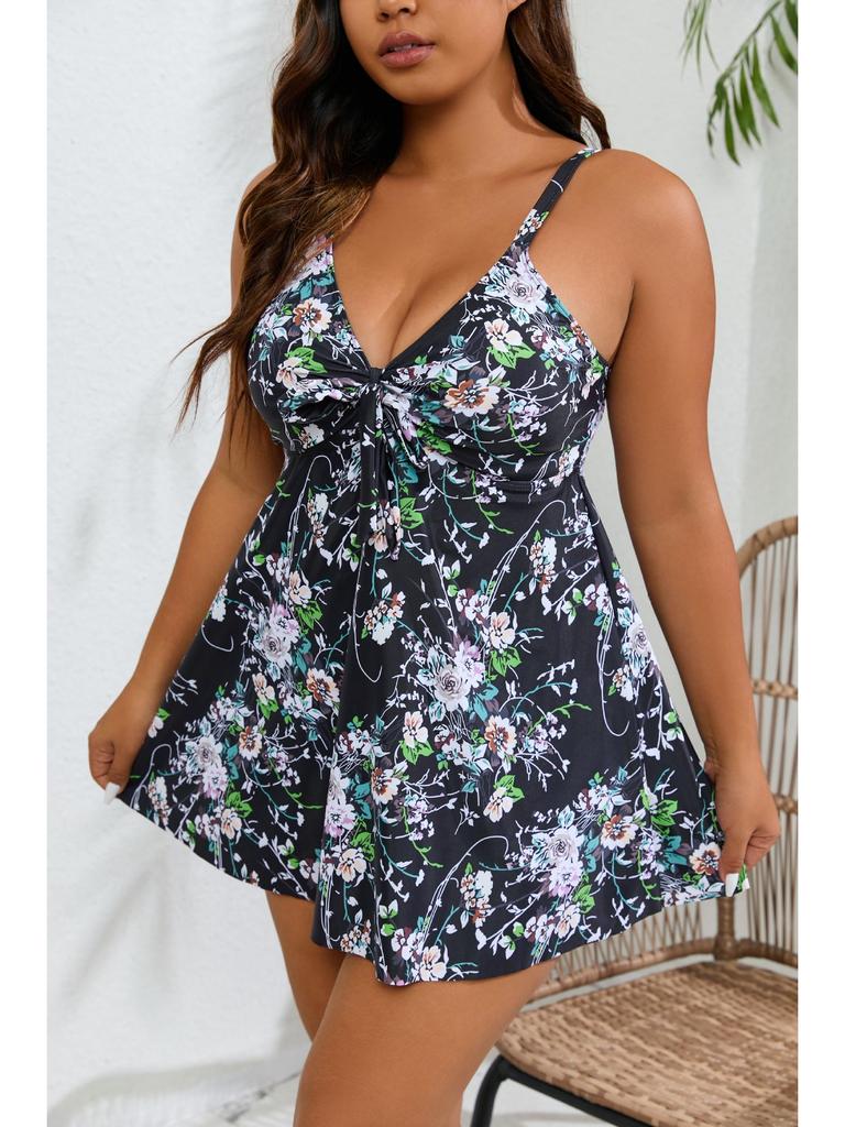2024 Plus Size Women's Vest Style Two-Piece Swimsuit with Boyleg Swim Trunks - European & American Print Design
