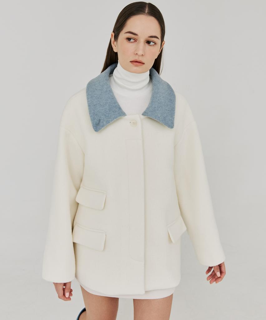 Thefrht Herringbone High-Neck Half Coat (Ivory)