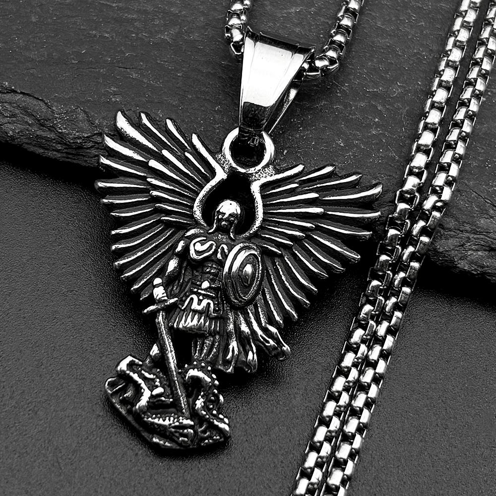 Archangel St.Michael Protect Us Pendant Necklace for Women Men Stainless Steel Silver Saint Michael Protection Chain Jewelry