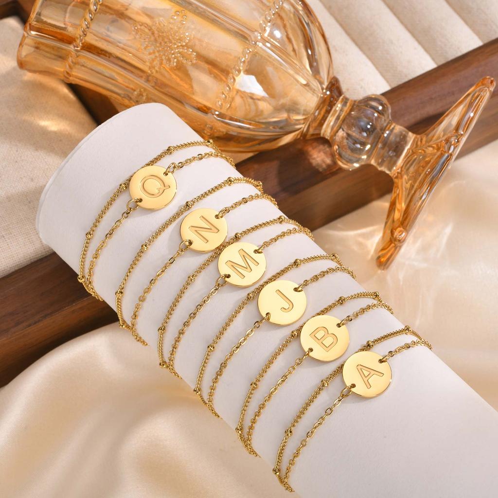 Stainless Steel Polished Round Plate Letter A-Z Double Layer Stacked Bracelet for Women 14K Gold Color Charm Wrist Jewelry Gifts