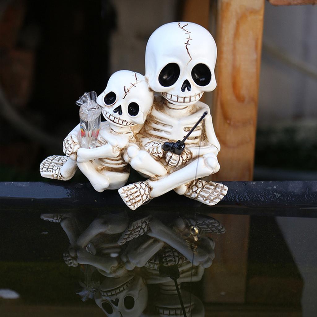 Halloween Skeleton Fishing Statue Parent-Child Fishing Skull Figurine for Landscape Yard Lawn Pond Pool Decor