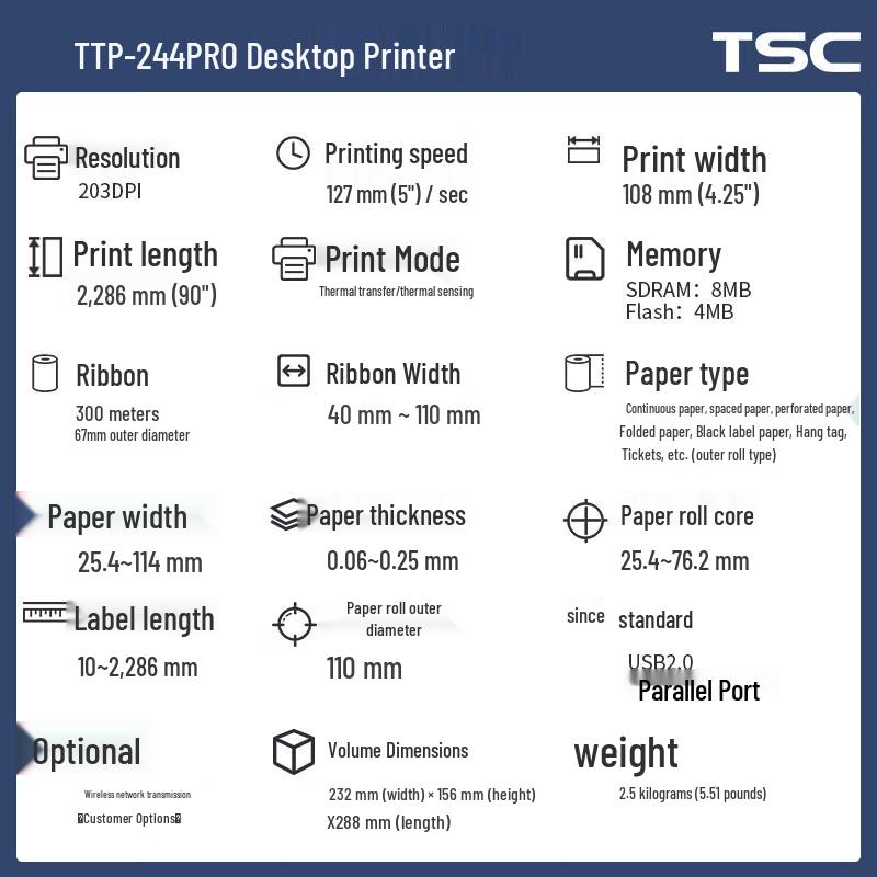 Термотрансферный принтер этикеток со штрих-кодами TSC TTP-244Pro, китайская вилка (адаптер в комплекте)
