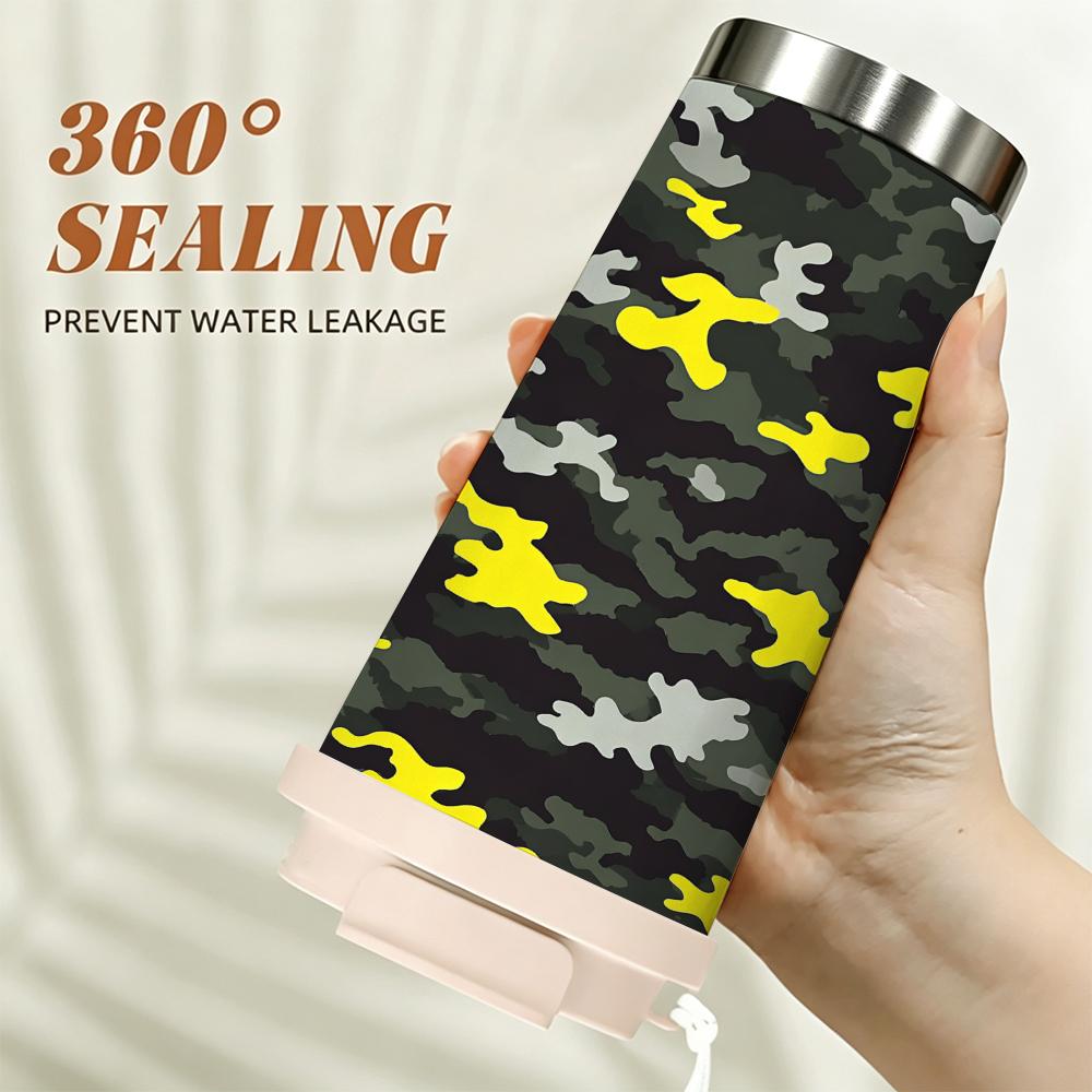 Yellow Camouflage Pattern Leakproof Insulated Coffee Tumbler Vacuum Thermal Cup for Travel Outdoor Commuting Gift for Men Women