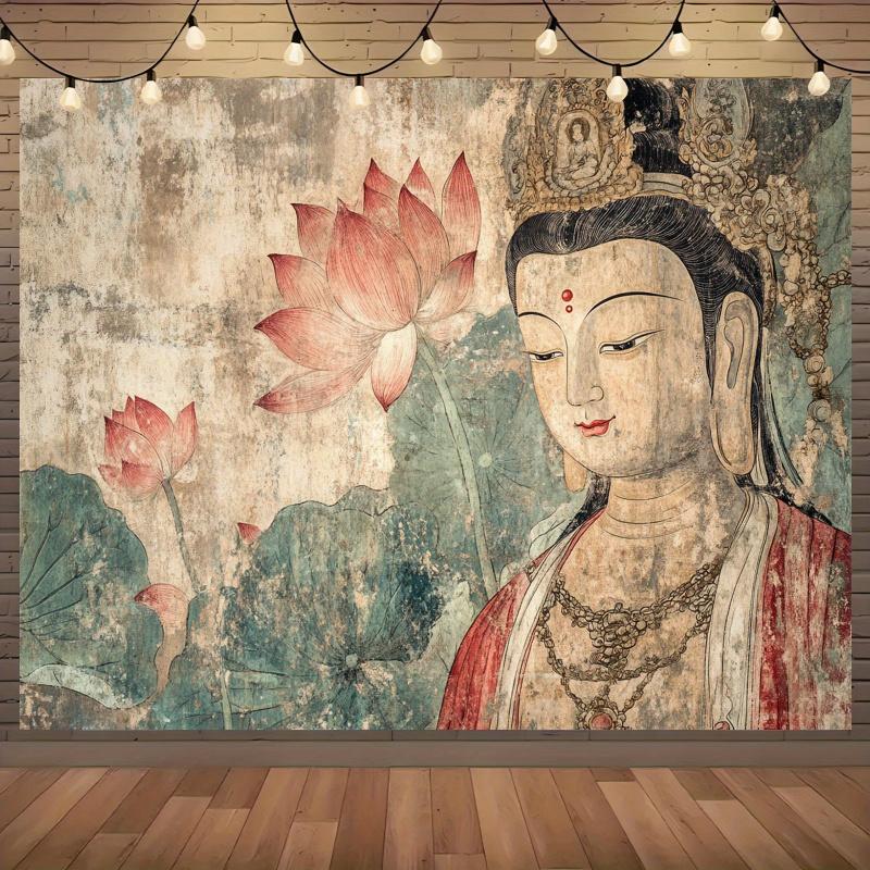 VIKAMA Dunhuang Style Tapestry with Aged Mural Texture Guanyin and Red Lotus for Zen Home Decorations and Tea Room