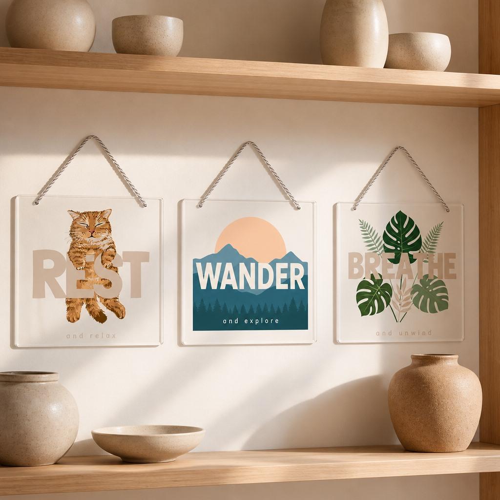 Square Clear Acrylic Wall Plaque Cat Art 20x20cm Smooth Edge Hanging Sign Home Decoration