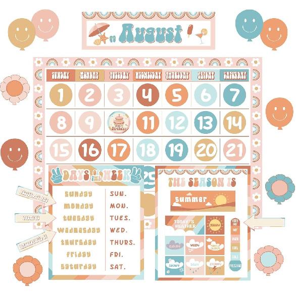 Groovy Classroom Calendar Bulletin Board Set Decorations Retro Hippie Calendar Seasons Weather Chart CTP Bright Paper-Cuts Boho Hippie Wall Decals