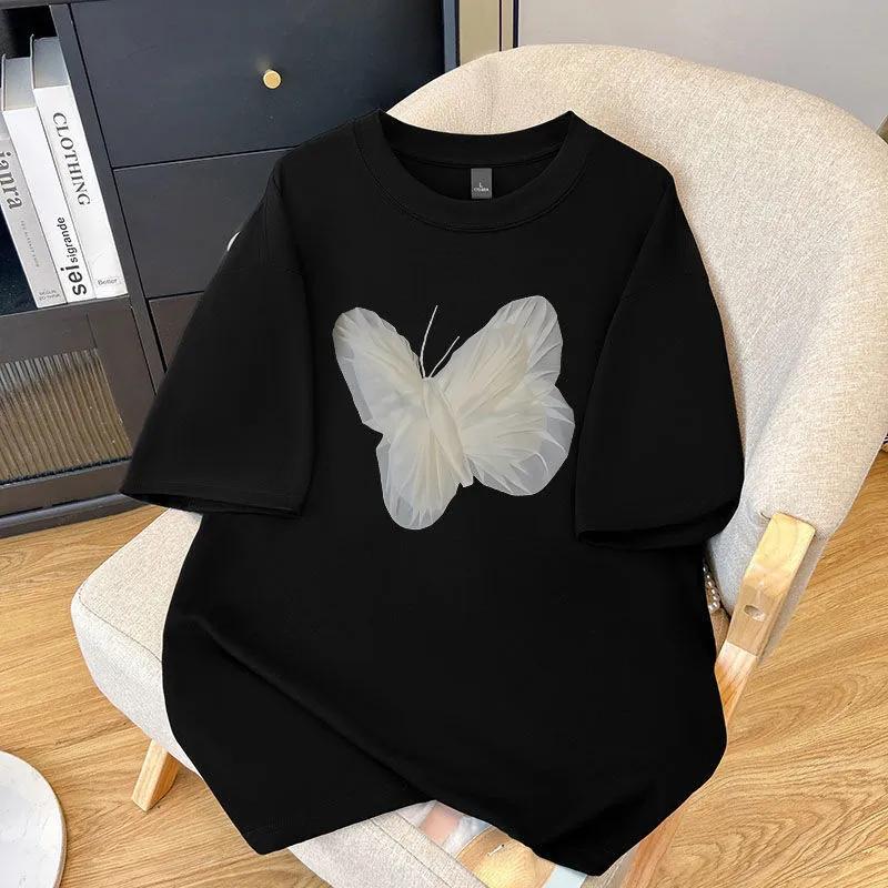 Модная футболка из чистого хлопка с круглым вырезом и короткими рукавами, женская, летняя, с принтом бабочки, широкая