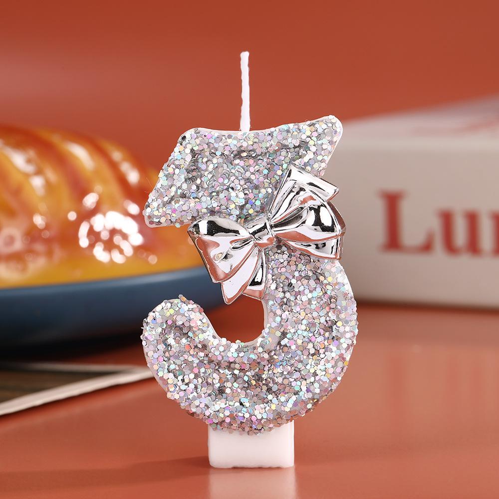 Digital Birthday Candle Silver Sequin Bow Party Decoration Creative 0-9 Number Candles Birthday Cake Plugin for Party Supplies