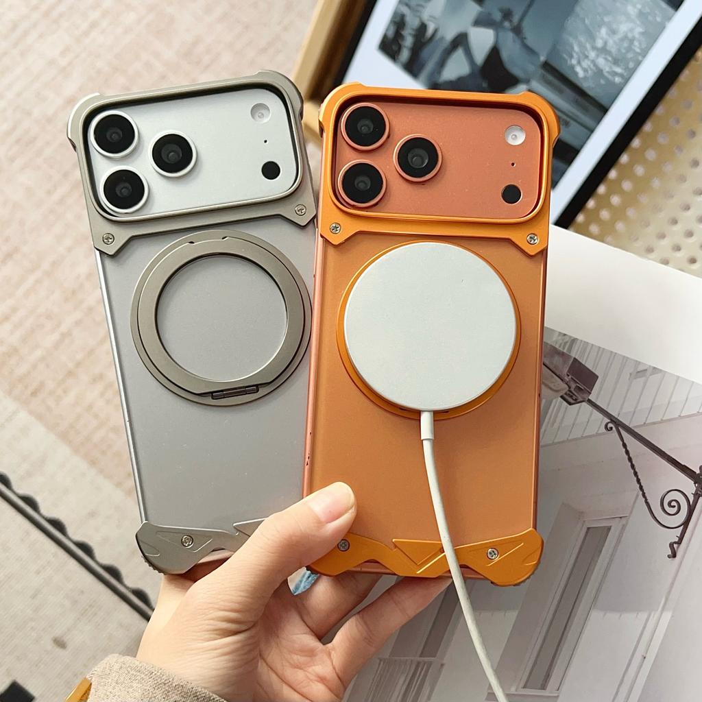Металлическая безрамочная магнитная чехол-книжка для iPhone 17 15 Pro Max С подставкой Ударопрочный Жесткая задняя крышка из ПК Бизнес Вращающийся Мужской