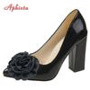 Aphixta New 7cm Square Heel Patent Leather Shoes Women Pumps Dark Green Flowers Officile Pointed Toe Plus Size 49 50