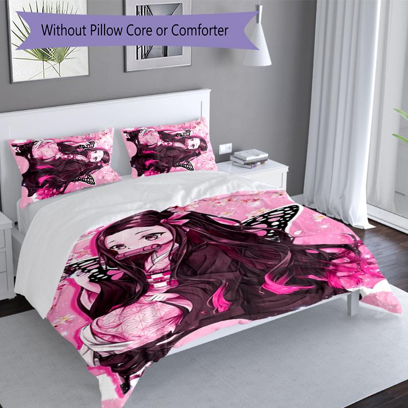 3pcs Demon Slayer Nezuko2 pattern bedding set duvet cover set includes duvet cover &pillowcases, perfect all season bedroom decoration & gift