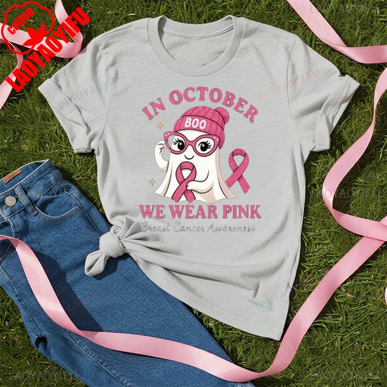 Breast Cancer Shirt In October We Wear Pink Bella Canvas Ghost Tee New Arrival Breathable Halloween Pink Ribbon Graphic Tshirt