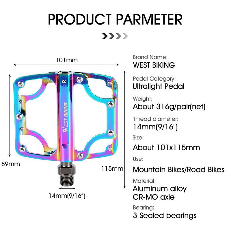 WEST BIKING Bicycle Pedals 3 Bearings CNC Ultralight MTB Road Bike Part Colorful Anti-slip Flat BMX Pedals Cycling Accessories