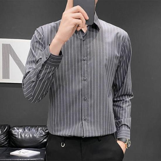 Рубашка мужская Yousheng, однобортная, с полосатым принтом, отложным воротником и длинными рукавами, официальная, в деловом стиле, офисная, средней длины, топ для свиданий