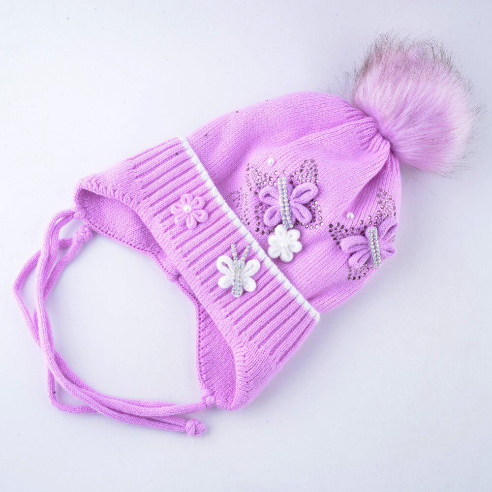 Warm Hats And Scarf Set For Girls Winter Knitted Lovely Kids Beanies With Imitation Fur Pompom Child