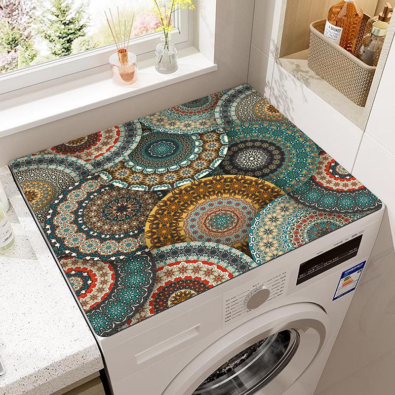 Vintage Checkered Printed Washing Machine Dust Cover Pad, Quick-Dry Absorbent Protective Top Mat For Washer And Dryer