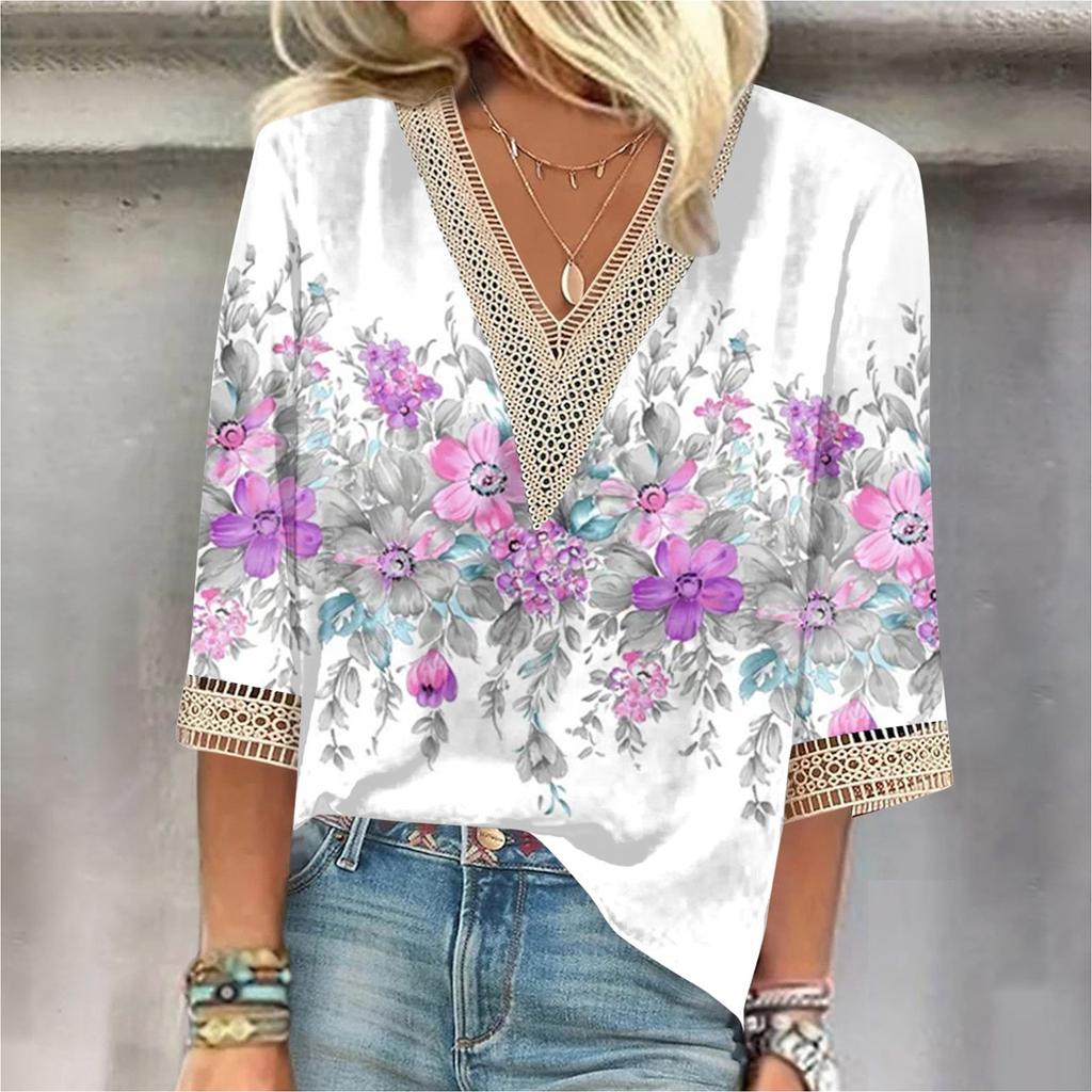 Women's Shirt Blouse Casual Loose Shirts 3/4 Sleeve Lace Trims Print V Neck Tops Print Tops T-shirts Tee