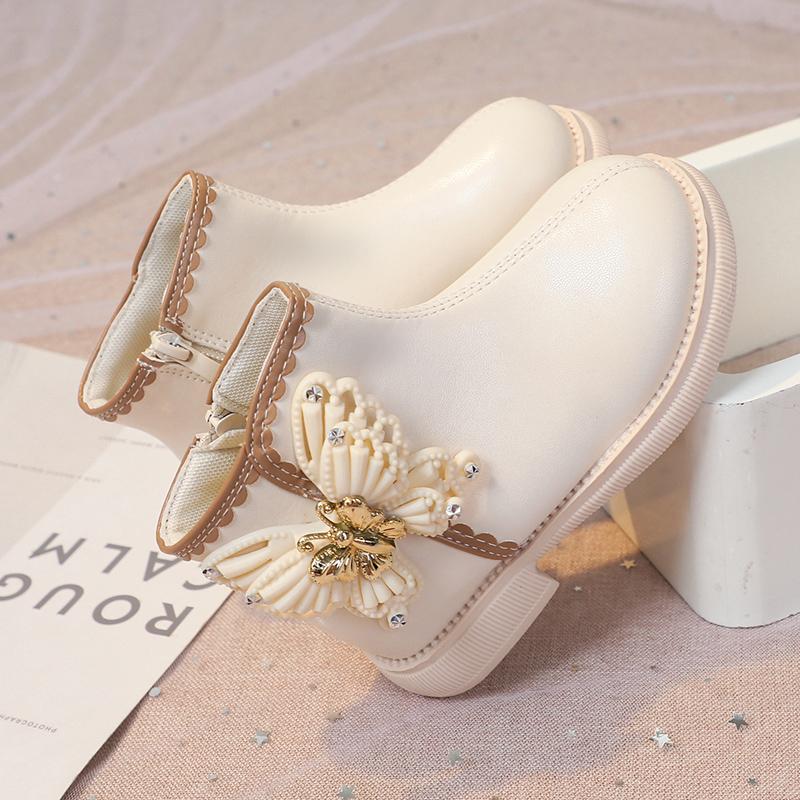Girls Fashion Butterfly Boots Elegant Kids Short Leather Boots Chic Children Sweet Princess Boots Round-toe Anti-Slippery 2024