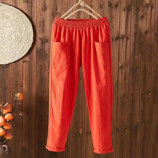 Elastic Waist Wide Leg Harem Pants Women Cotton Linen Casual Vintage Loose Solid Color Pockets Trousers
