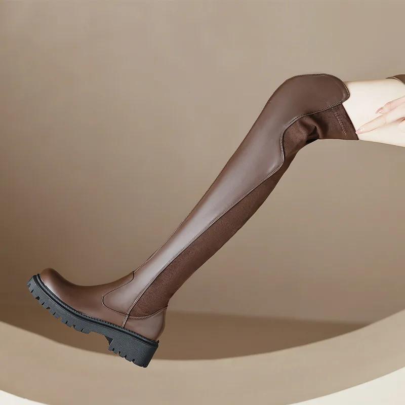 Sexy Over-the-Knee Boots Women High Quality Leather Long Boots Plush Keep Warm Winter High Boots Comfort Thick Heel Elastic Boot