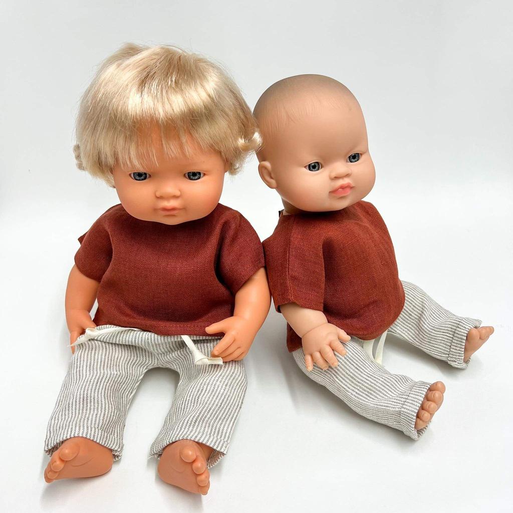 Linen Set, Red Blouse and Striped Trousers for Miniland Doll 38cm and Paola Reina