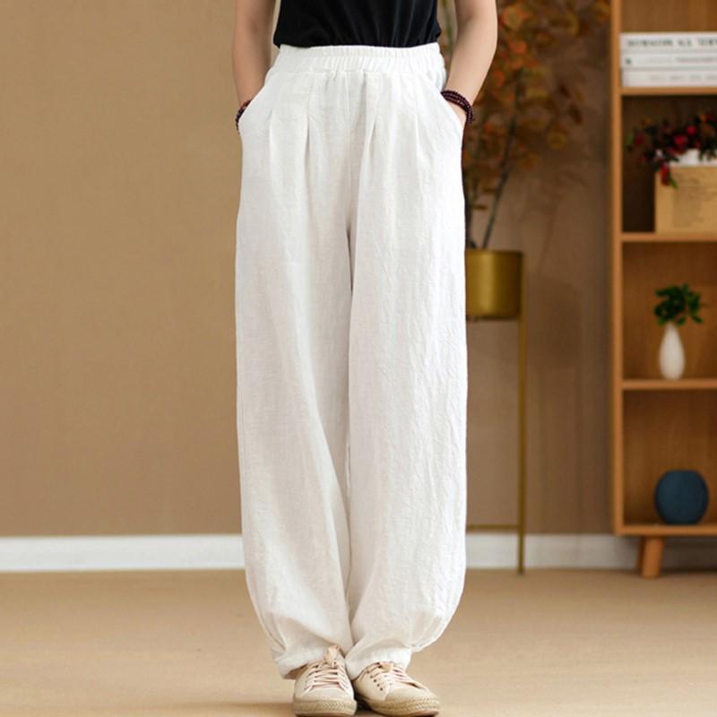 Johnature Женские винтажные однотонные длинные брюки, льняные эластичные весенние брюки с карманами, свободные женские прямые брюки