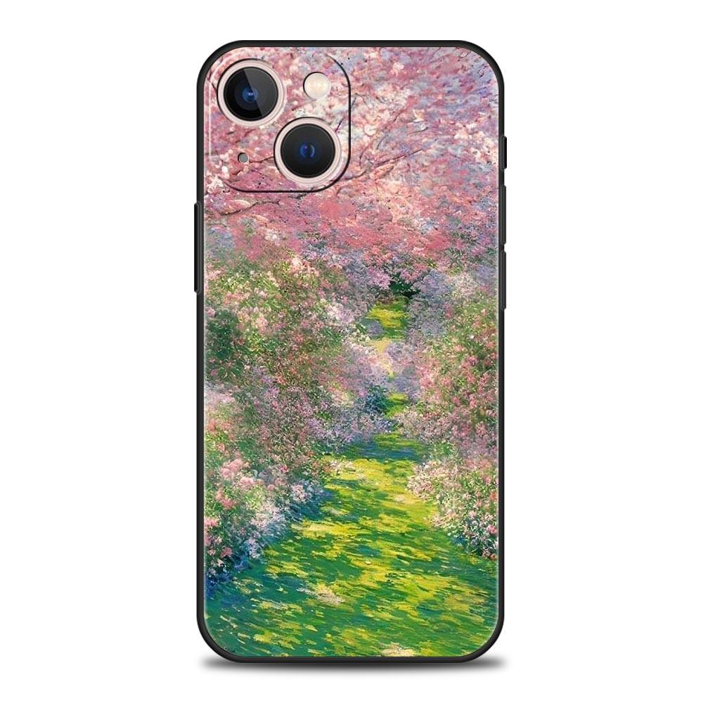 Claude Monet Garden Paint Art Phone Case For iPhone 17 16 15 Pro Max 11 12 13 14 7 8 Plus SE 2020 X XR XS Cover Soft Black