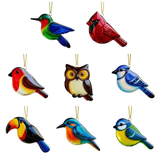 Fused Glass Birds Ornament Acrylic Hummingbird Owl Blue Jay Kingfisher Chickadee Christmas Ornament for Xmas Tree Decor