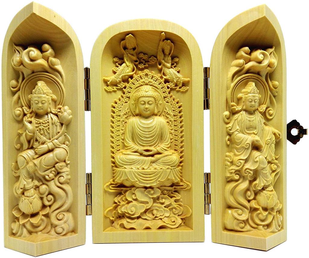 Amitabha Triad Seated Statue, Natural Boxwood, Approximately 10cm Tall, Wood Carving, Showing Amitabha, Kannon, and Seishi Bodhisattva, Three Open