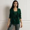 Women Velvet Tops Swing Collar Long Sleeve Drawstring Hem Shirring Pullover Tops Solid Color Sequins Stitching