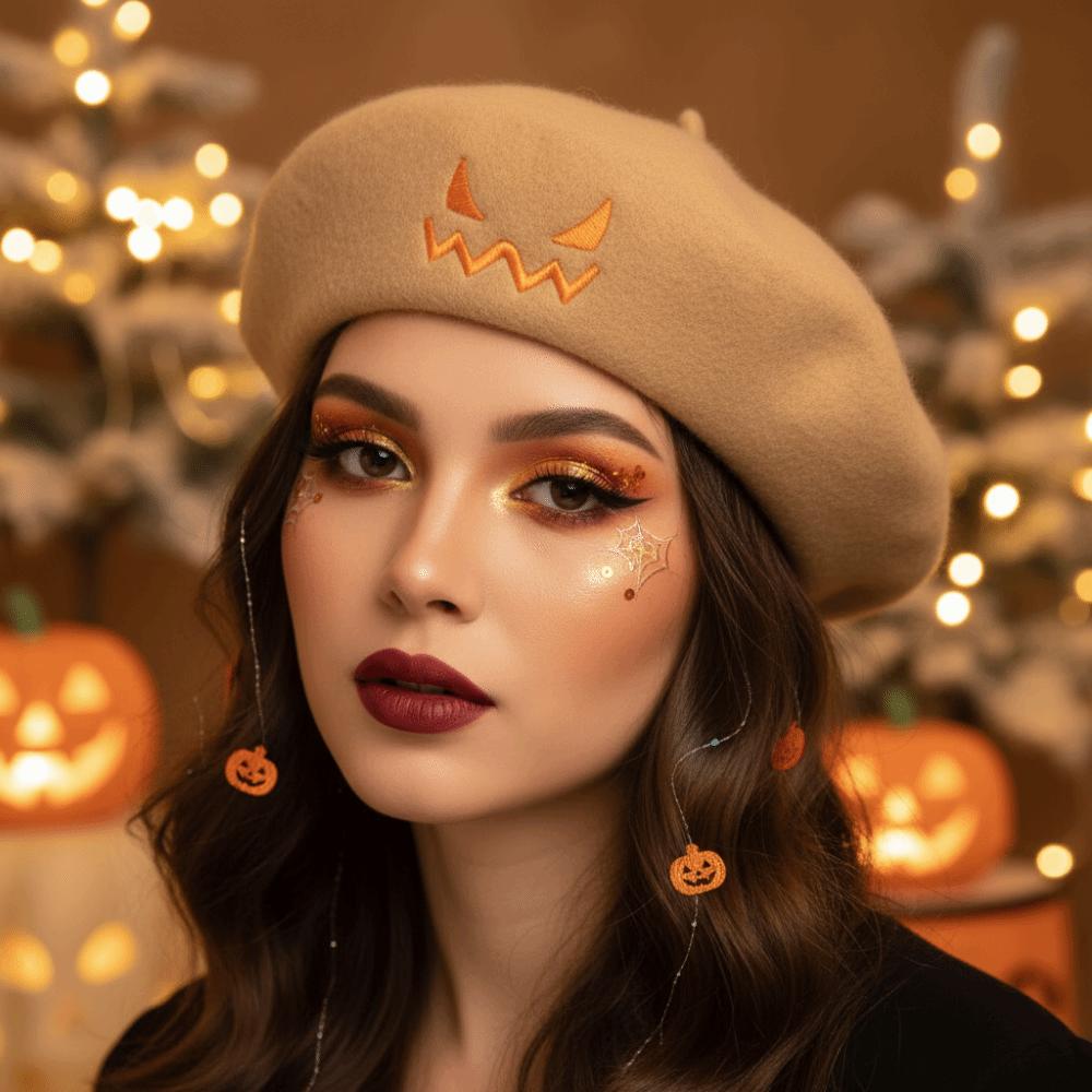 Embroidered Pumpkin Face Cap Lightweight Embroidered Painter Hat Pumpkin Beret Hat Holiday Gift