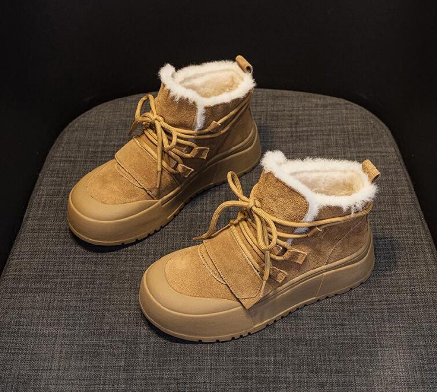 Зимние ботинки из натуральной кожи с высоким верхом на толстой подошве, с меховой и травяной подкладкой, с шерстяным хлопковым утеплителем, женская хлопковая обувь