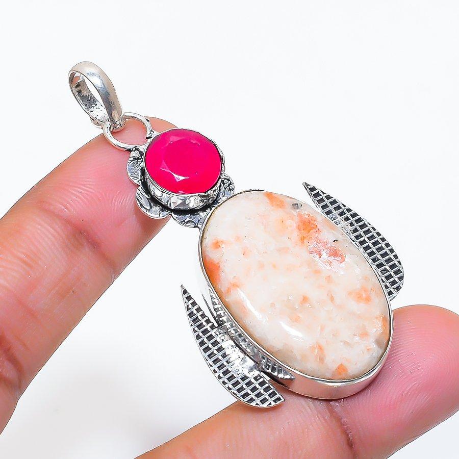 Natural Sunstone, Jade Gemstone 925 Sterling Silver Jewelry Pendant 2.36" ZS-539