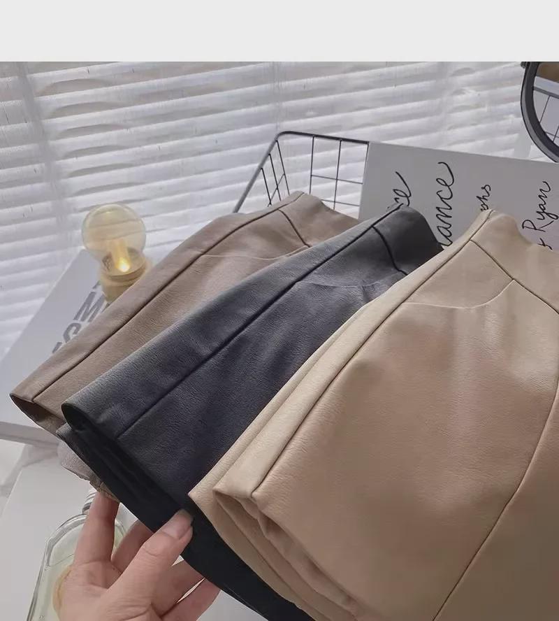 Женские шорты А-силуэта из искусственной кожи с высокой талией и широкими штанинами — корейская мода на осень/зиму