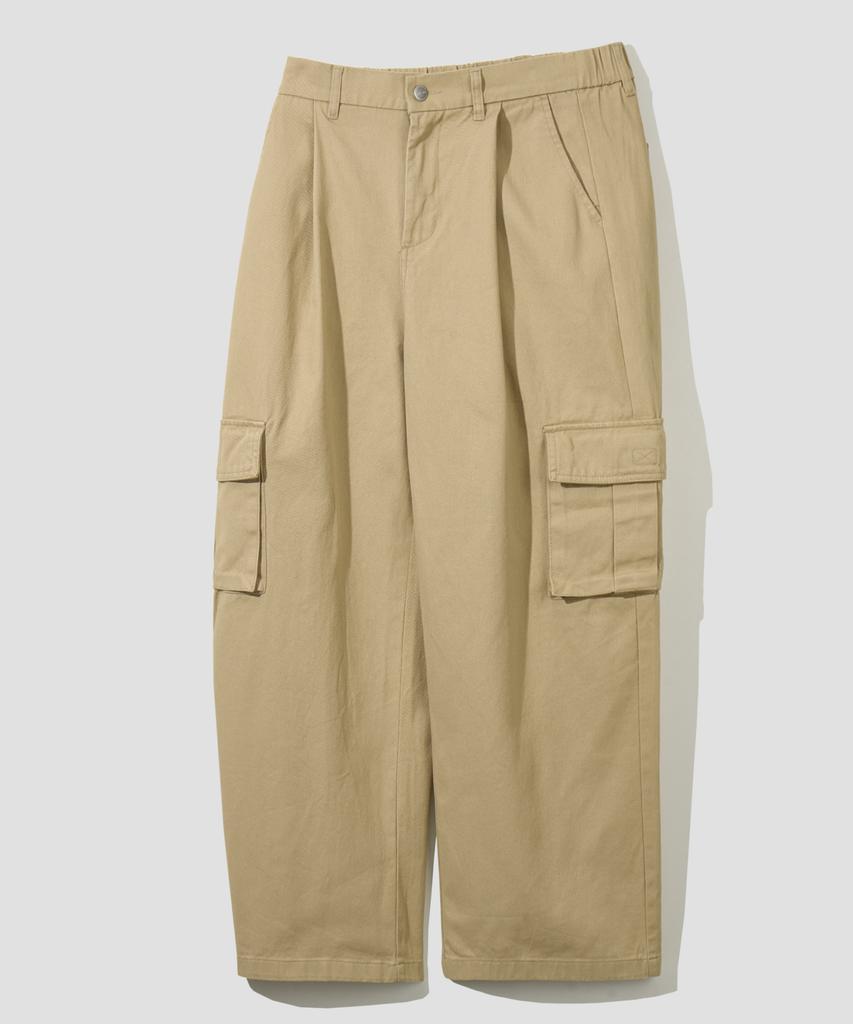 AGOD Wide Big Pocket Cotton Cargo Elastic Pants [Beige]