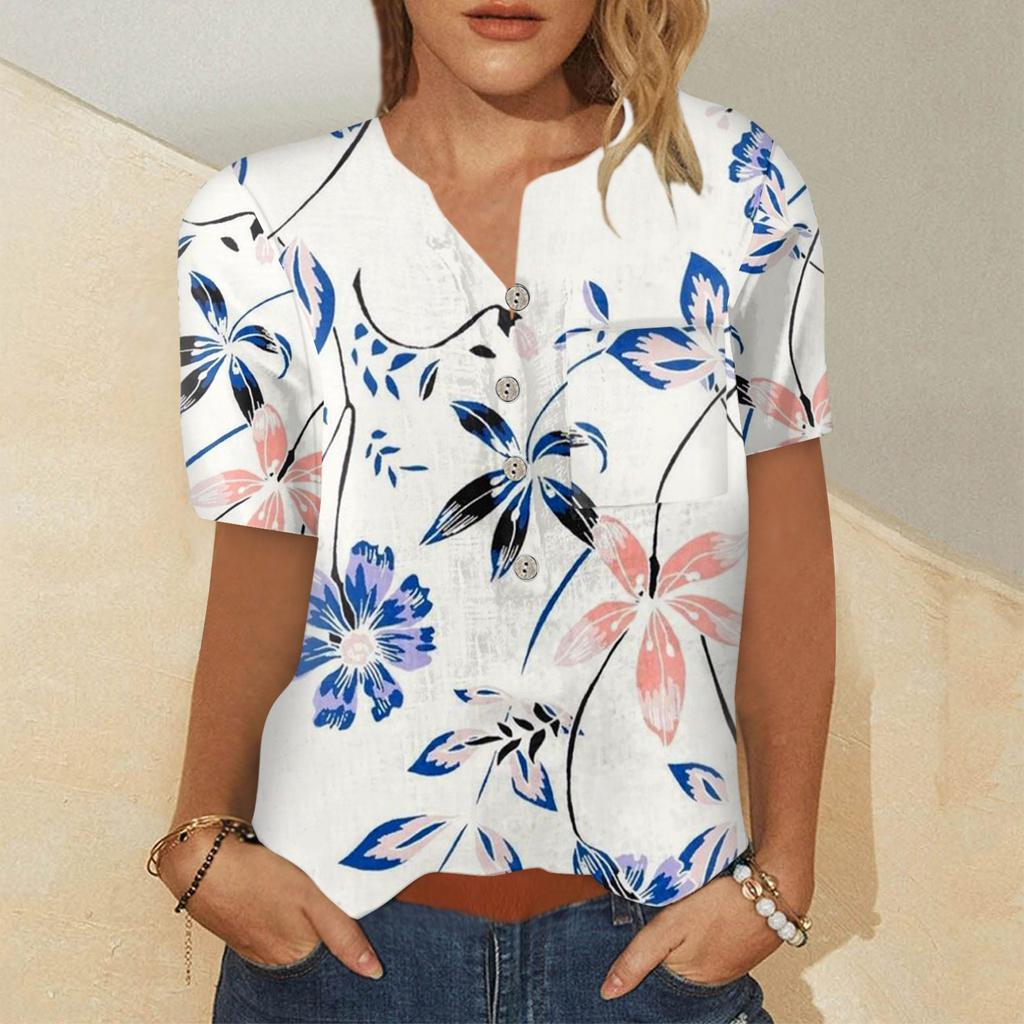 Женская модная рубашка с коротким рукавом с принтом на пуговицах на груди и кармане